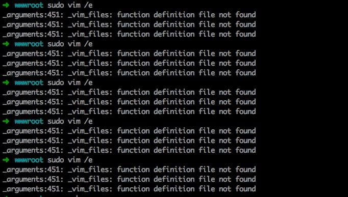 mac下zsh报错：_arguments:451: _vim_files: function definition file not found
