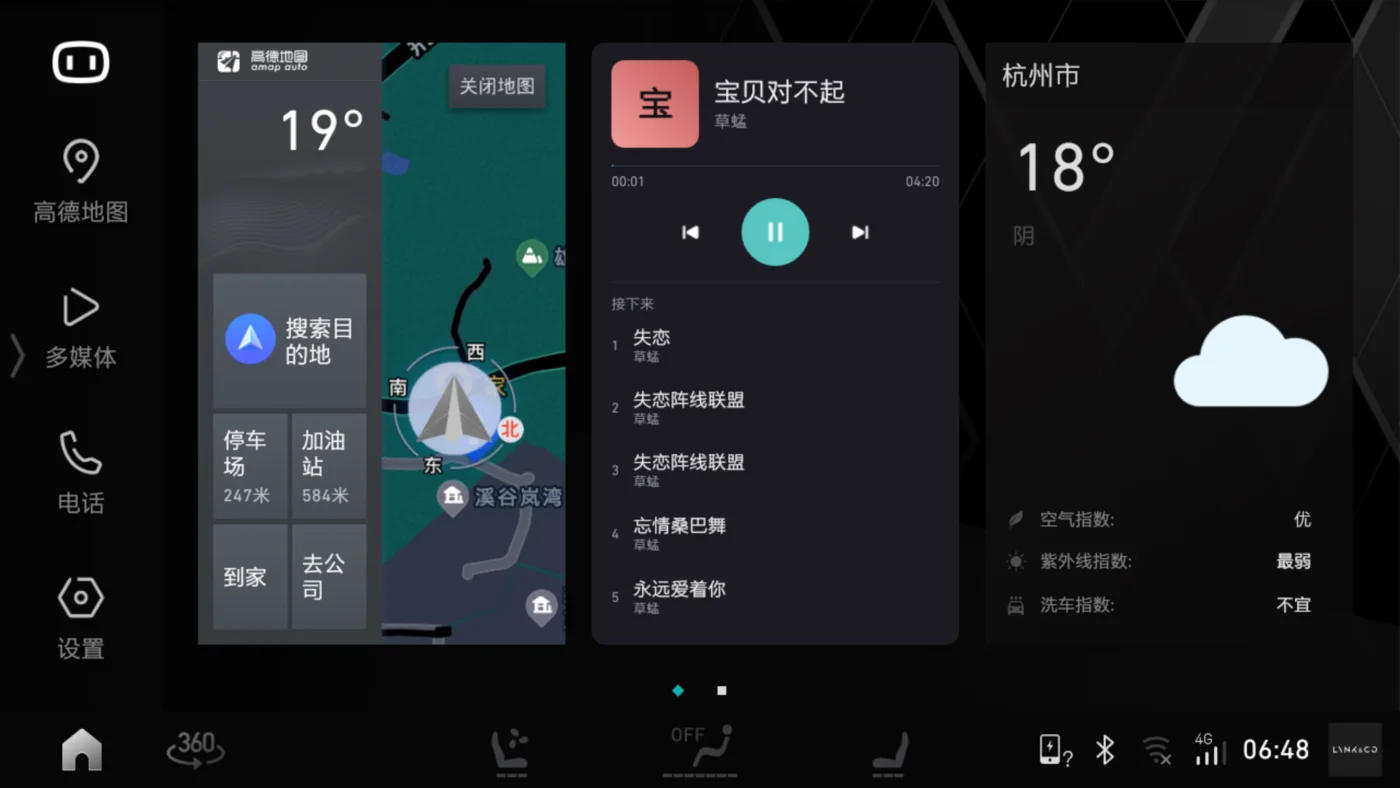 车机首页三卡片:高德地图、MusicFree 音乐组件、天气